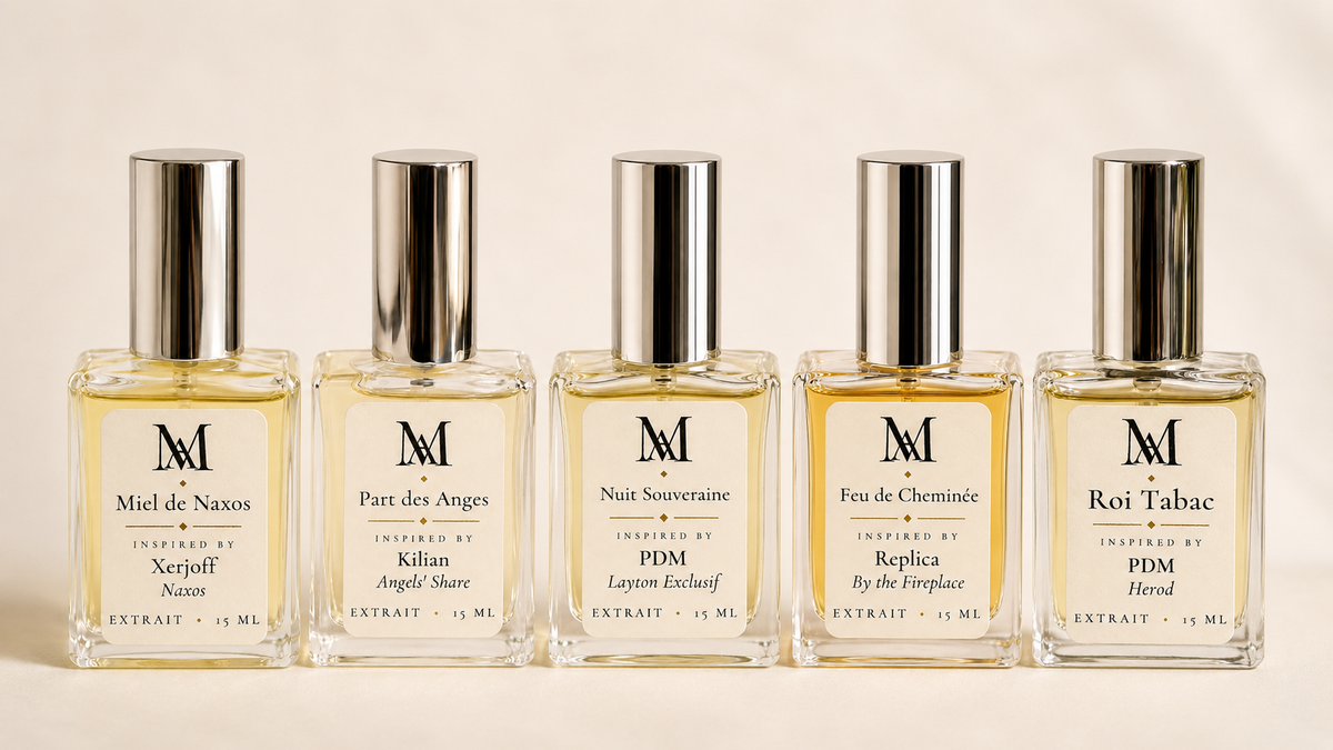 Hearth Collection fragrance sampler — five extrait de parfum vials inspired by Kilian, Xerjoff, Maison Margiela, and Parfums de Marly