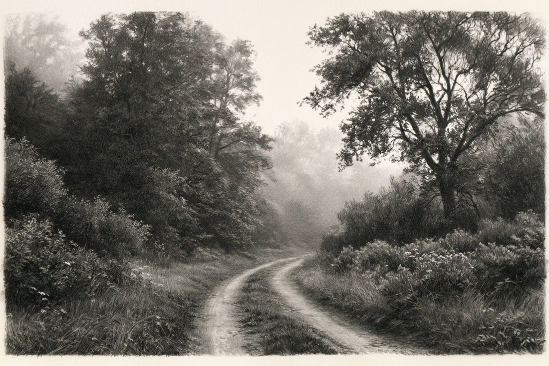 Pencil drawing of an empty dirt road curving into fog at the edge of the woods