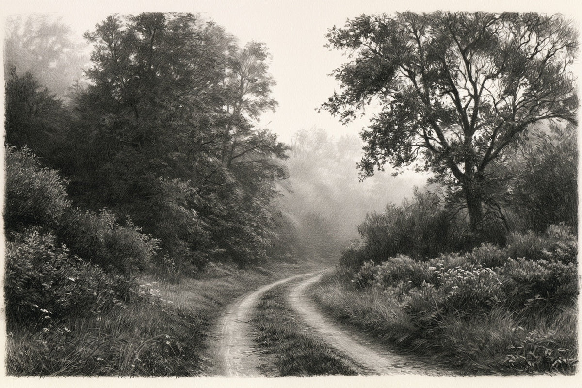 Pencil drawing of an empty dirt road curving into fog at the edge of the woods