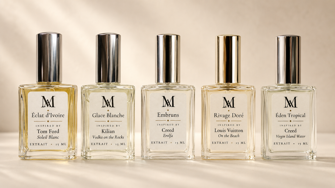 Soleil Collection fragrance sampler — five extrait de parfum vials inspired by Louis Vuitton, Creed, Kilian, and Tom Ford