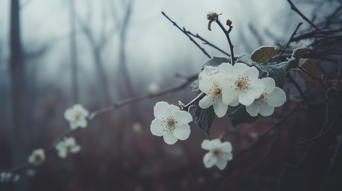 White blackberry blossoms covered in frost on a thorny cane, on a cold overcast morning in late spring.